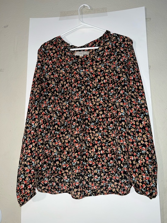 LOFT Tops - LOFT Black Floral Button-Front Long-Sleeve Blouse with Red, Blue & Cream Flowers